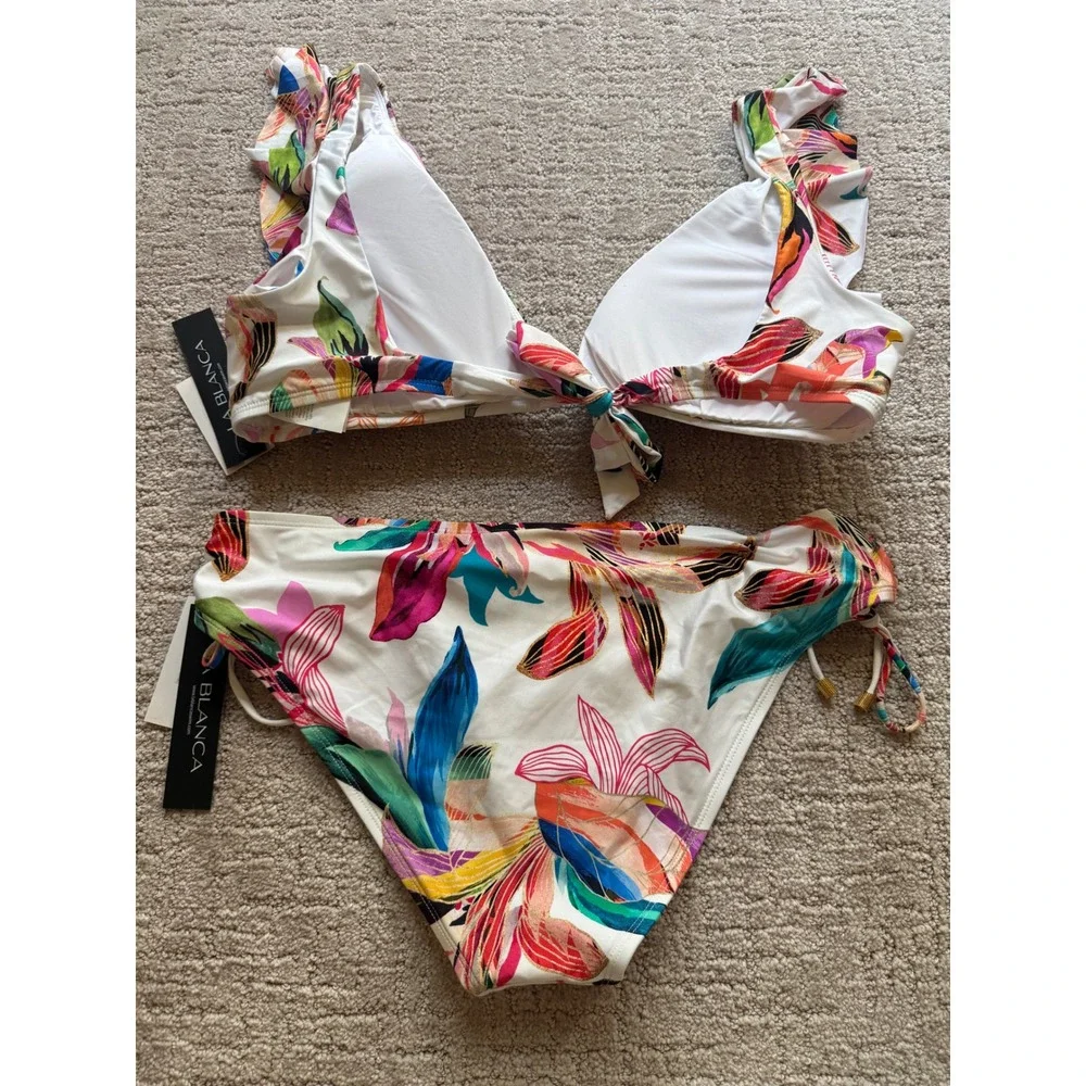 La Blanca Bikini Set Women 16 Multicolor NWT Floral Ruffle Tropical Swimsuit